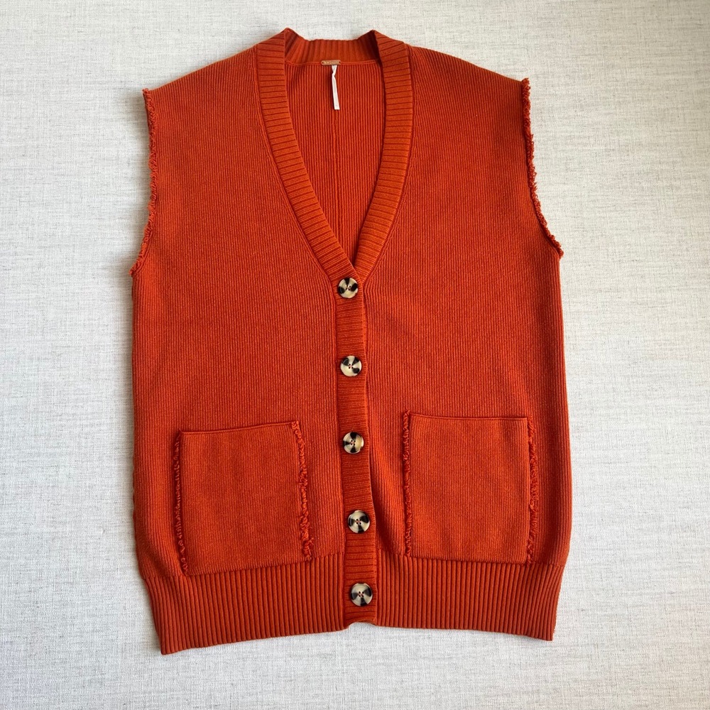 FREE PEOPLE Oakleigh Sweater Vest Ribbed Boyfriend Oversized Lagenlook Orange XS